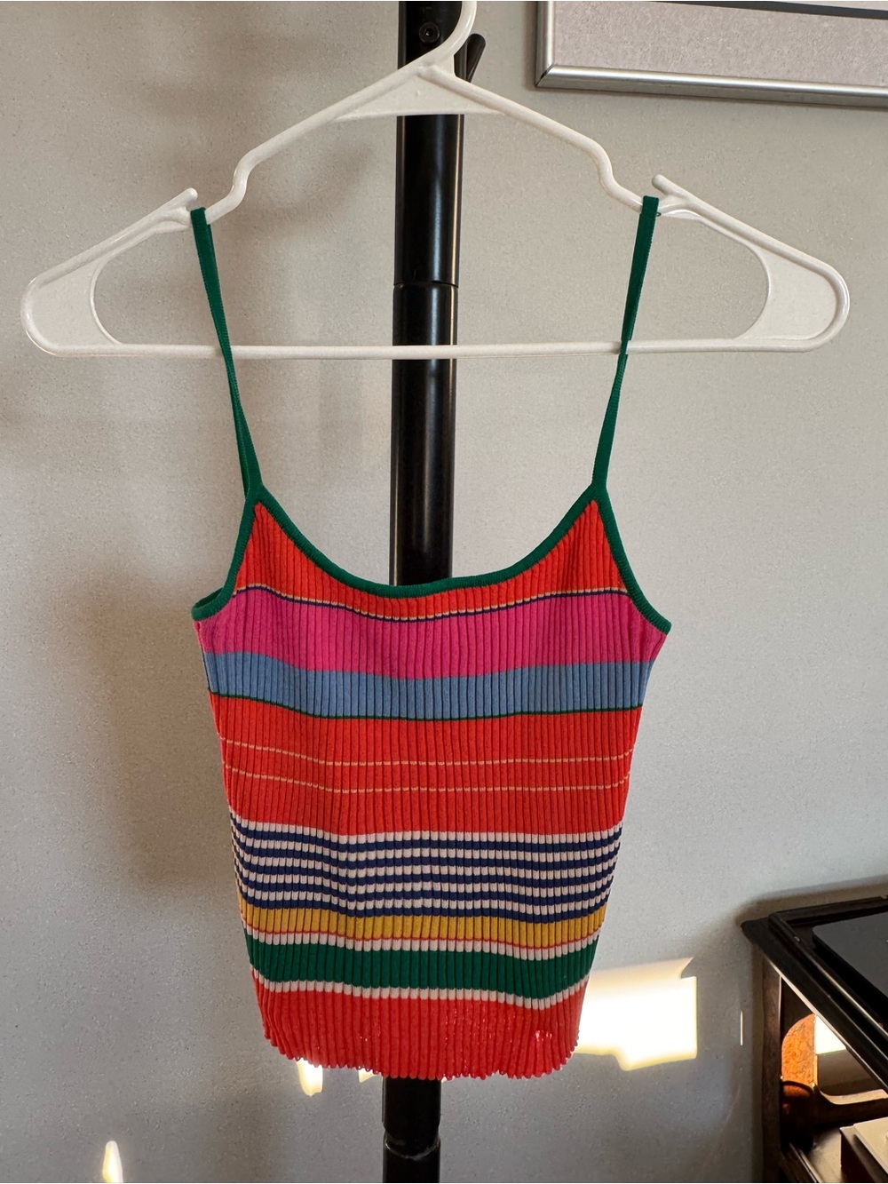 STAUD Multicolor Striped Rib Knit Mini Dress with Green Trim